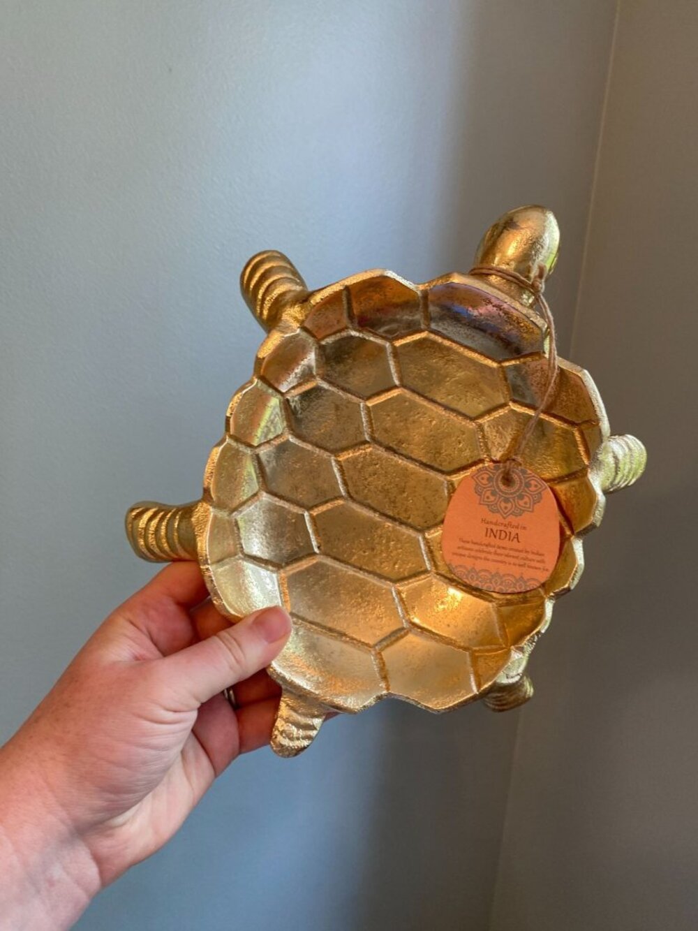Gold Metal Turtle Tray Handcrafted In India Decorative Hexagonal Design 10" Leng